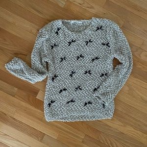 2/$25 Like New Cream/off-white Sweater with black bows & pearl beads accents